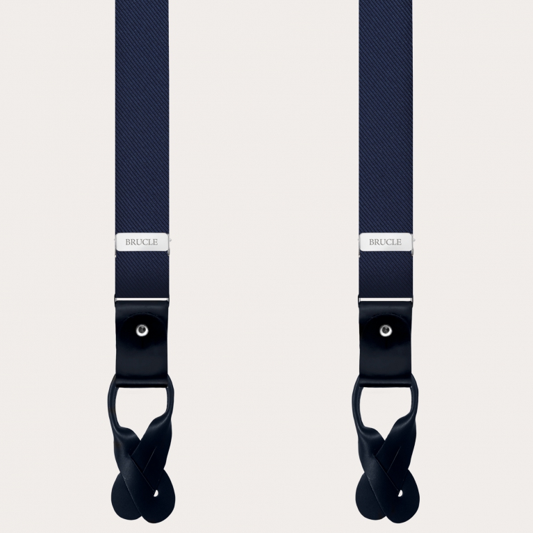 Formal skinny Y-shape pure silk suspenders, navy blue, nickel free