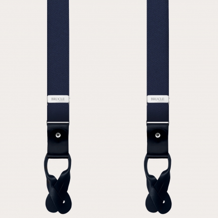 Formal skinny Y-shape pure silk suspenders, navy blue, nickel free