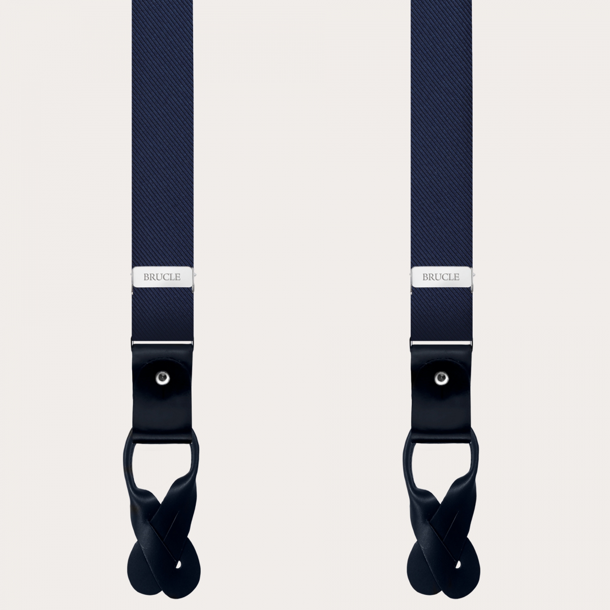 BRUCLE Formal skinny Y-shape pure silk suspenders, navy blue, nickel free