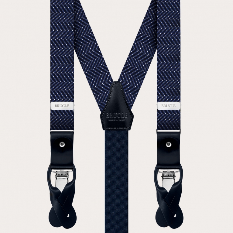 Formal Y-shape fabric suspenders in silk, dotted blue pattern