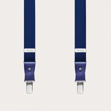 Formal skinny Y-shape pure silk suspenders, blue, with hand-coloured leather parts