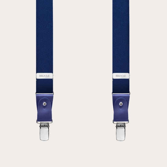 BRUCLE Formal skinny Y-shape pure silk suspenders, blue, with hand-coloured leather parts