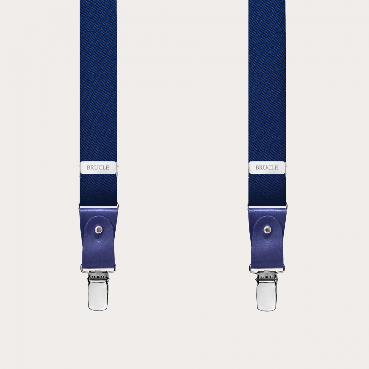 BRUCLE Formal skinny Y-shape pure silk suspenders, blue, with hand-coloured leather parts