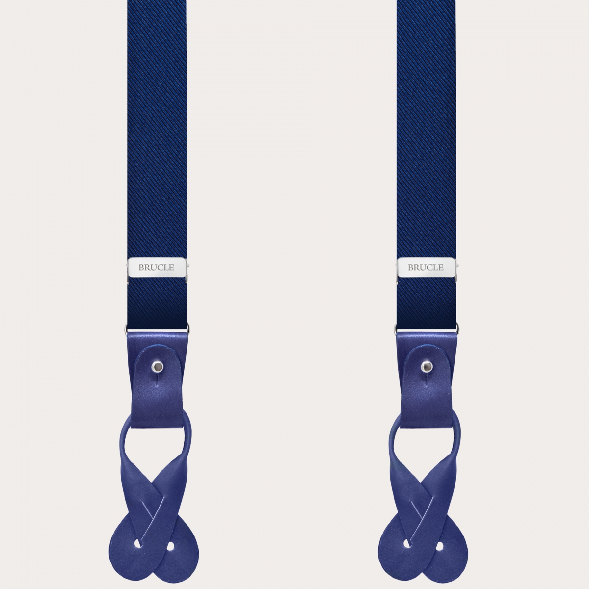 BRUCLE Formal skinny Y-shape pure silk suspenders, blue, with hand-coloured leather parts