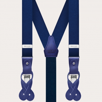Formal skinny Y-shape pure silk suspenders, blue, with hand-coloured leather parts