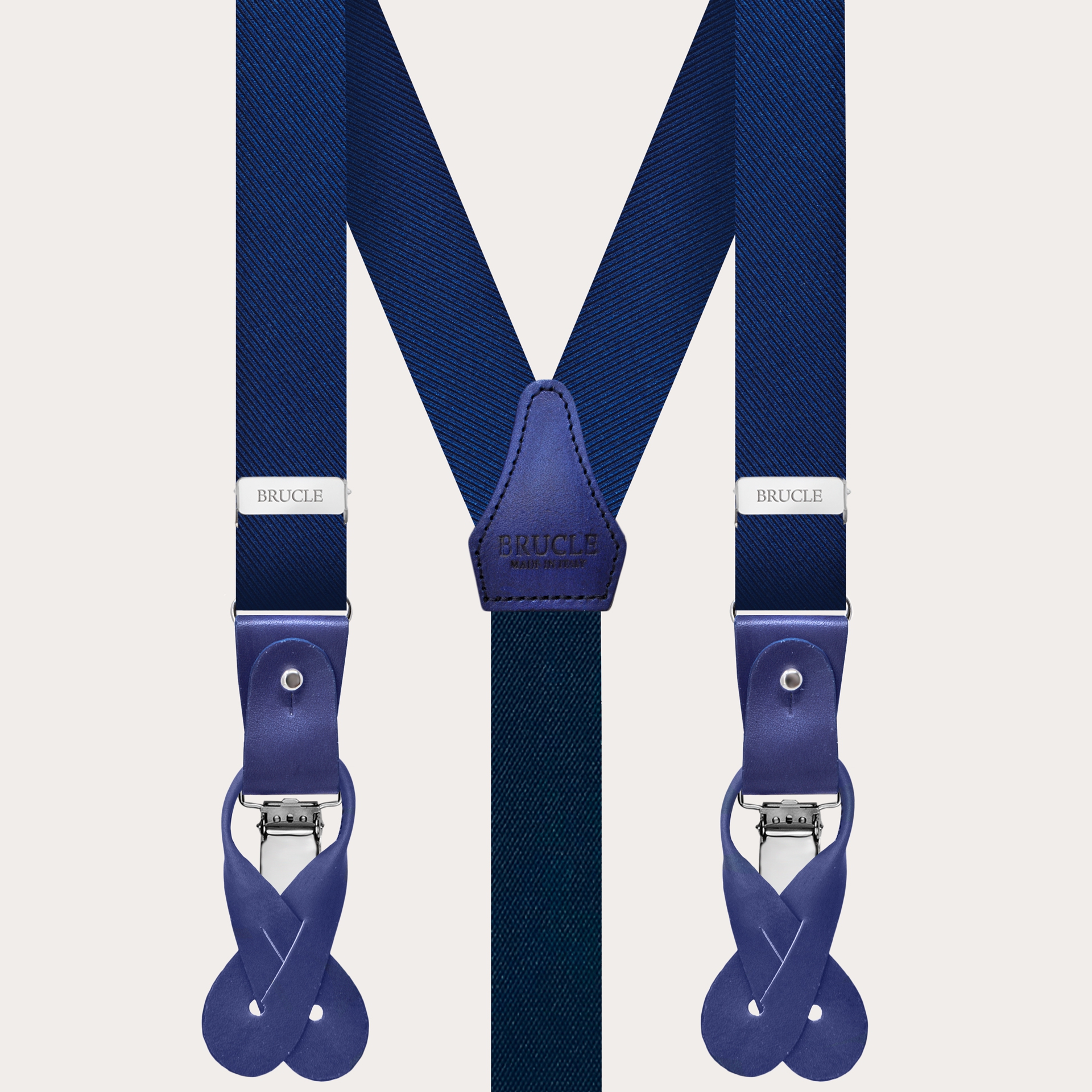 BRUCLE Formal skinny Y-shape pure silk suspenders, blue, with hand-coloured leather parts