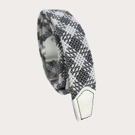 Cinturón elástico trenzado blanco y negro con diseño tartán