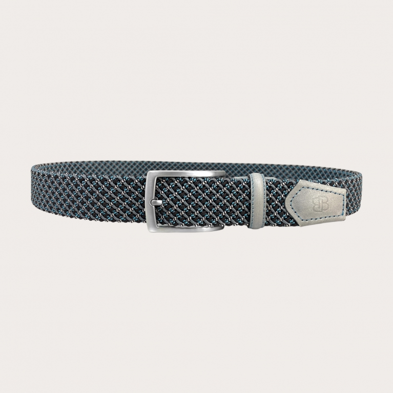 Ceinture élastique tressée en gris et bleu, au design tartan, sans nickel
