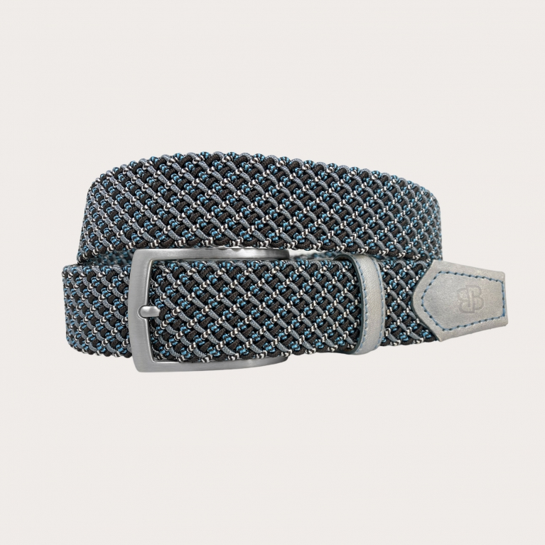 Ceinture élastique tressée en gris et bleu, au design tartan, sans nickel