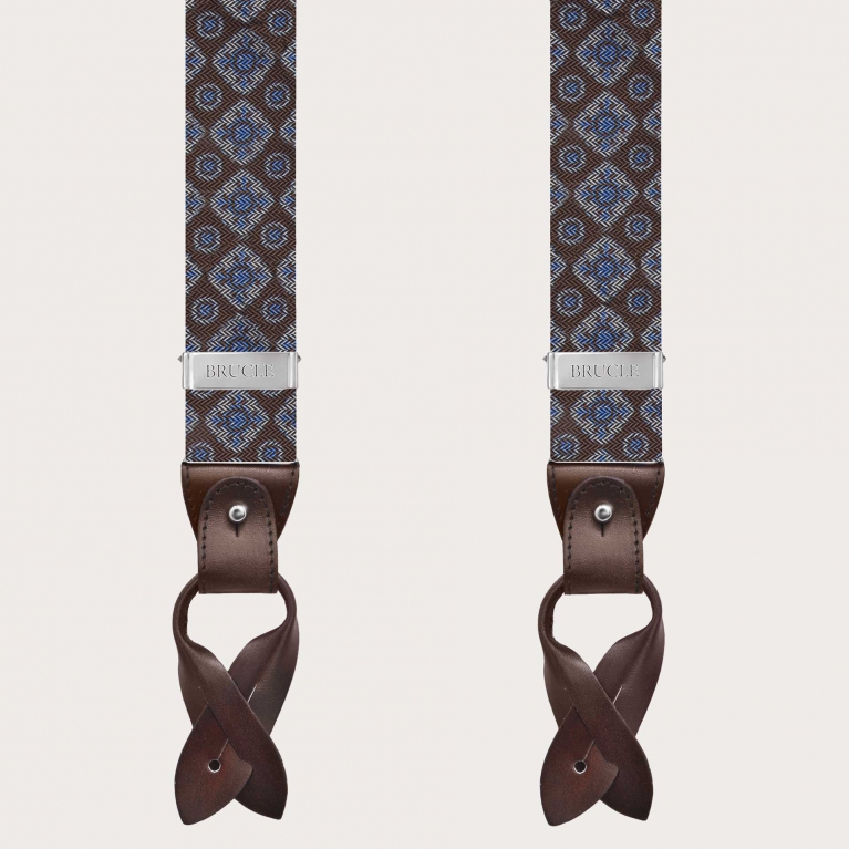 Exclusives bretelles en soie marron avec un motif géométrique, sans nickel