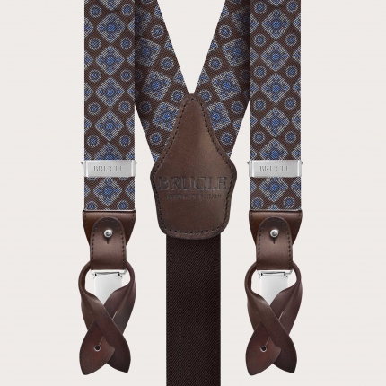 Elegant brown silk suspenders with a geometric pattern in tones of blue and white