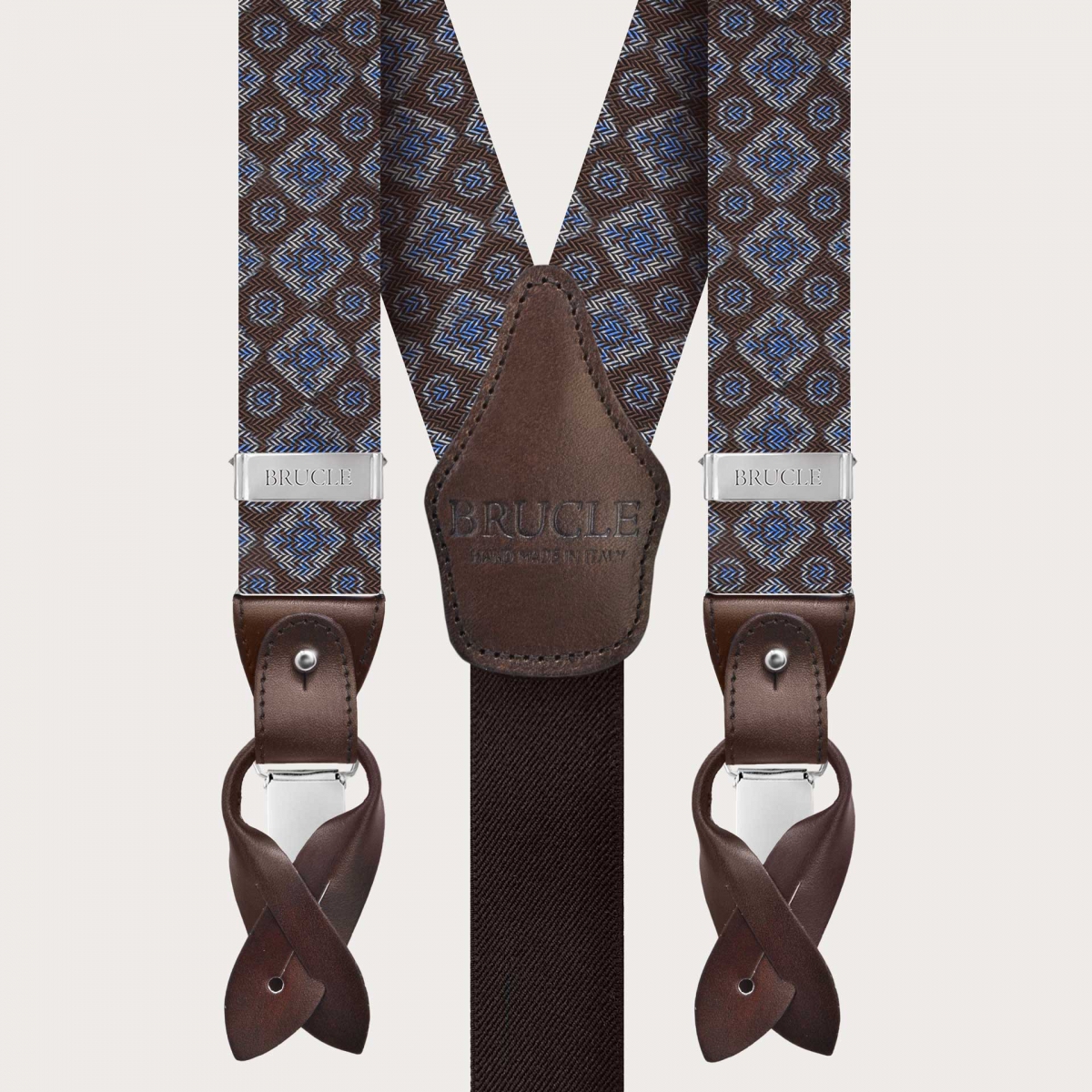 BRUCLE Elegant brown silk suspenders with a geometric pattern in tones of blue and white