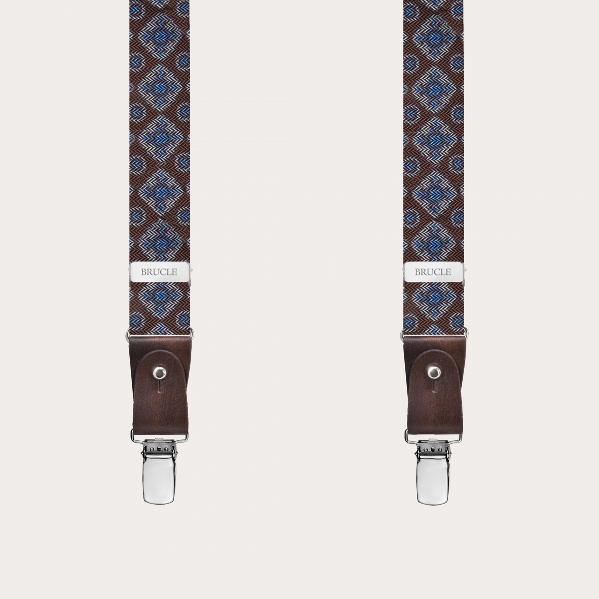 BRUCLE Narrow brown silk suspenders with a geometric pattern, nickel free