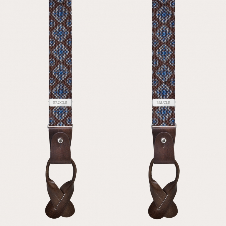 Bretelles fines en soie marron avec un motif géométrique, sans nickel
