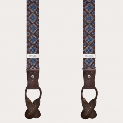 Narrow brown silk suspenders with a geometric pattern, nickel free