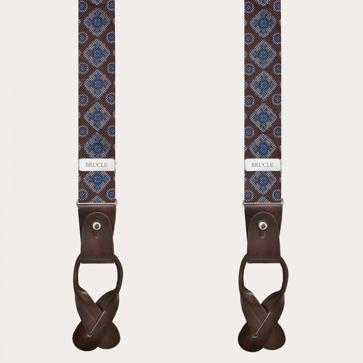 BRUCLE Narrow brown silk suspenders with a geometric pattern, nickel free