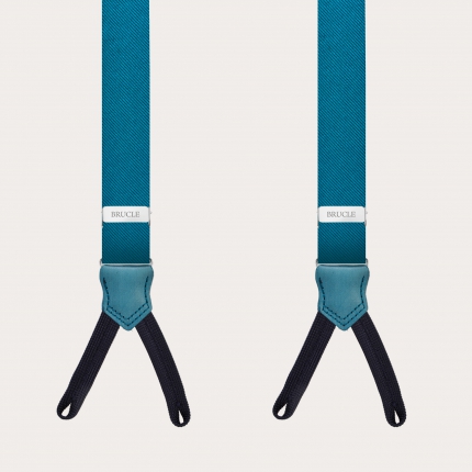 Narrow petroleum braces with buttonholes, in jacquard silk