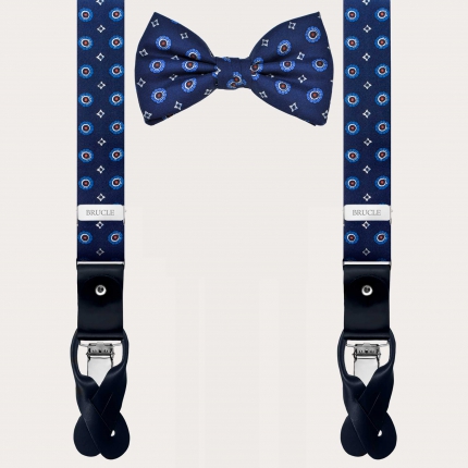 Matching set of silk suspenders for buttons and silk bow tie with a floral pattern