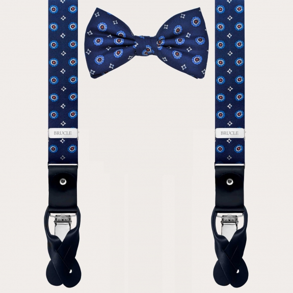 BRUCLE Matching set of silk suspenders for buttons and silk bow tie with a floral pattern
