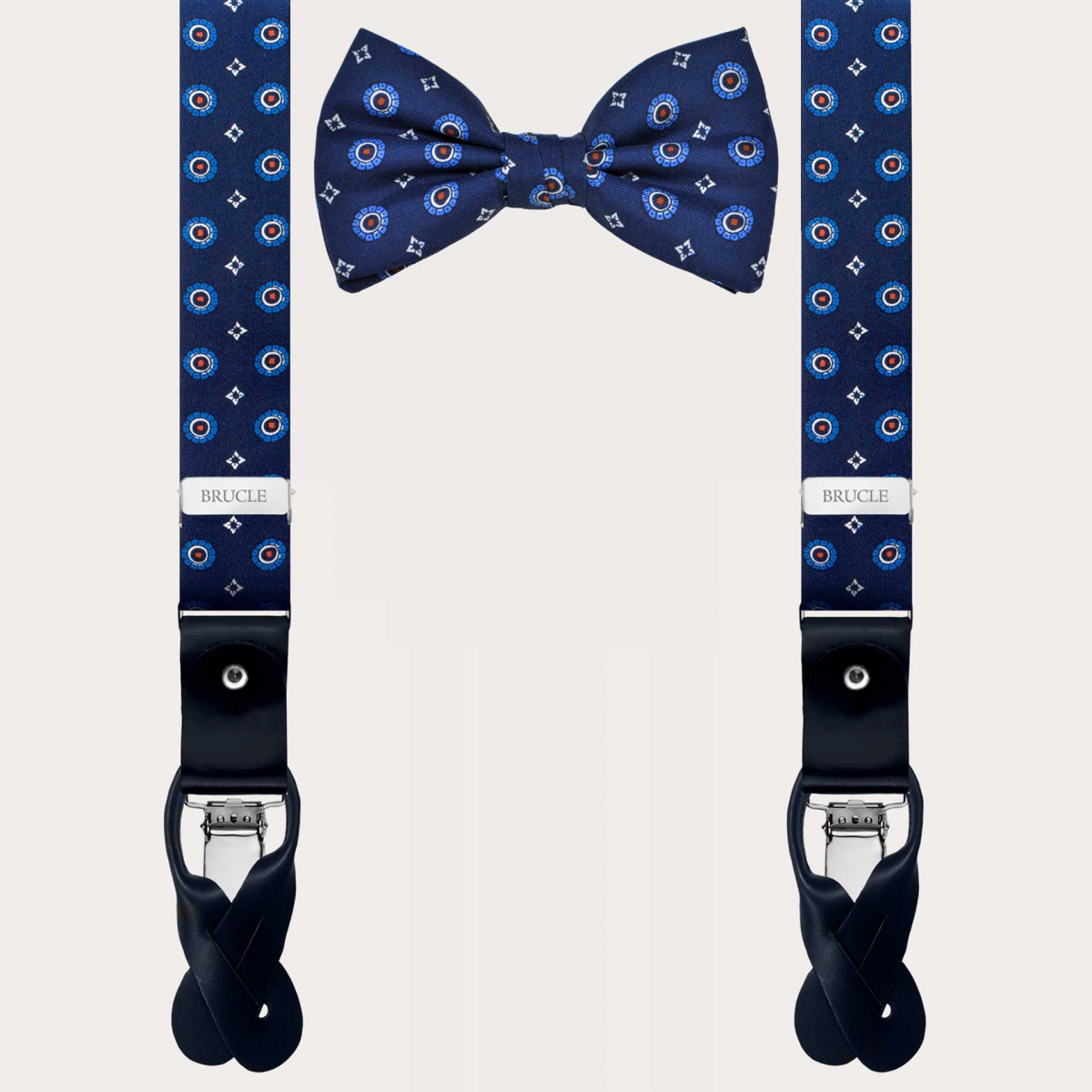 BRUCLE Matching set of silk suspenders for buttons and silk bow tie with a floral pattern