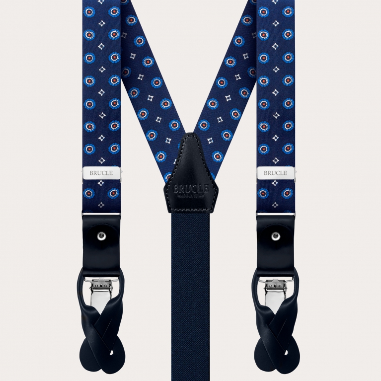 Matching set of silk suspenders for buttons and silk bow tie with a floral pattern