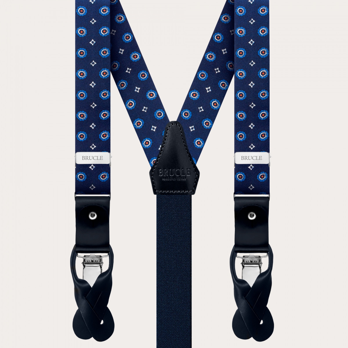 BRUCLE Matching set of silk suspenders for buttons and silk bow tie with a floral pattern