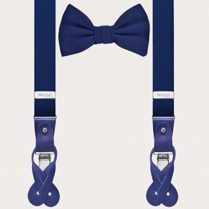Classic matching set of silk suspenders for buttons and silk bow tie, blue
