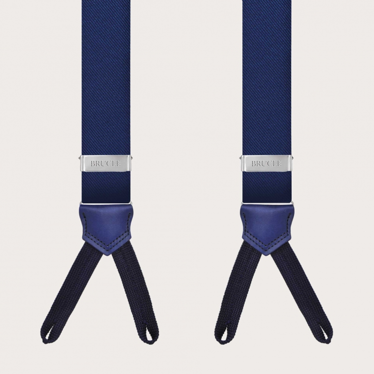 Bretelle blu in seta con asole per bottoni e pelle colorata a mano
