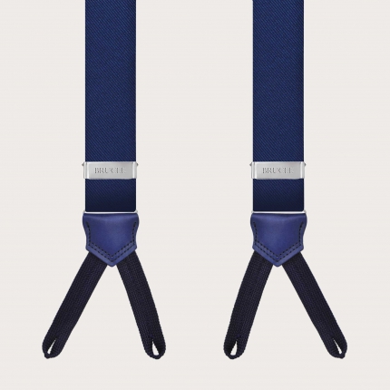 Blauen Seiden-Hosenträger mit Knopflöchern und handgefärbtem Leder