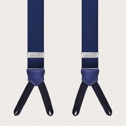 Bretelle blu in seta con asole per bottoni e pelle colorata a mano