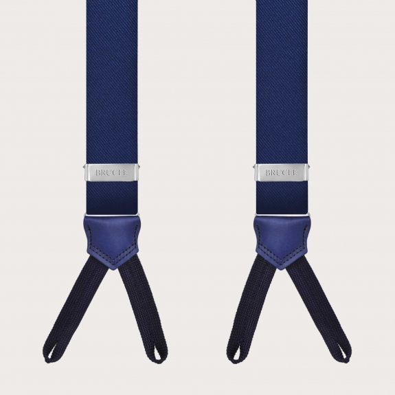 BRUCLE Blue silk suspenders with buttonholes and hand-colored leather