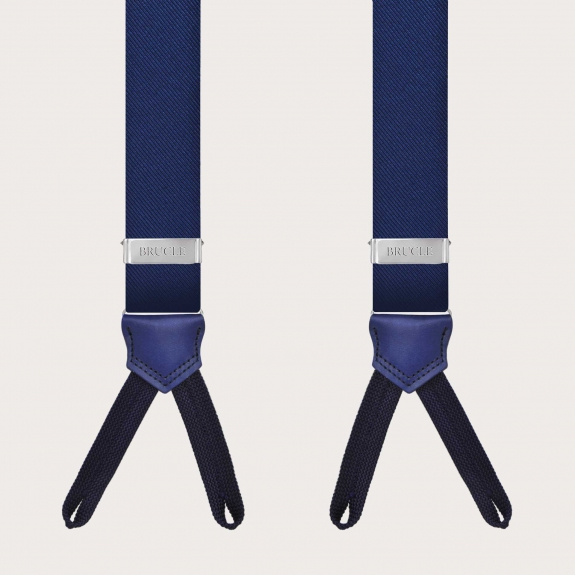 BRUCLE Tirantes de seda azul con presillas para botones y cuero teñido a mano