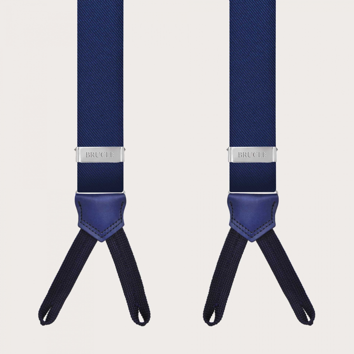 BRUCLE Tirantes de seda azul con presillas para botones y cuero teñido a mano