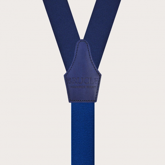 BRUCLE Bretelle blu in seta con asole per bottoni e pelle colorata a mano