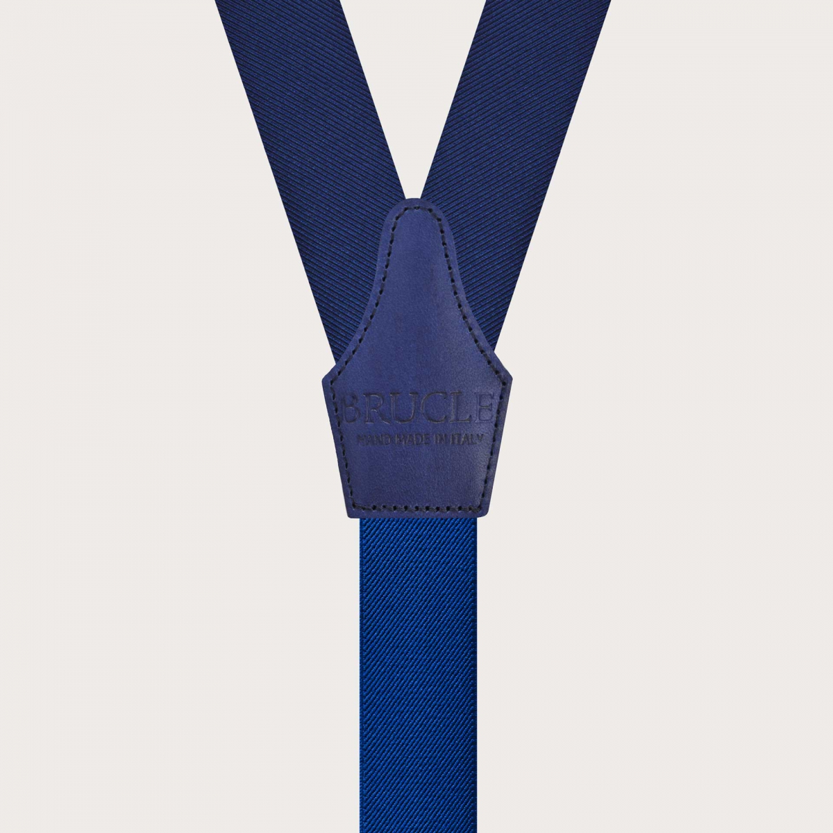 BRUCLE Bretelle blu in seta con asole per bottoni e pelle colorata a mano
