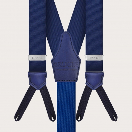 Blauen Seiden-Hosenträger mit Knopflöchern und handgefärbtem Leder