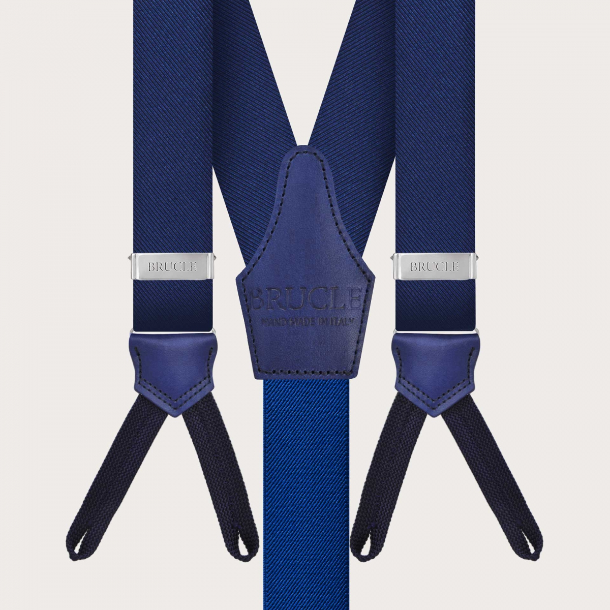 BRUCLE Bretelles homme en soie bleu à tresses pour boutons sans nichel