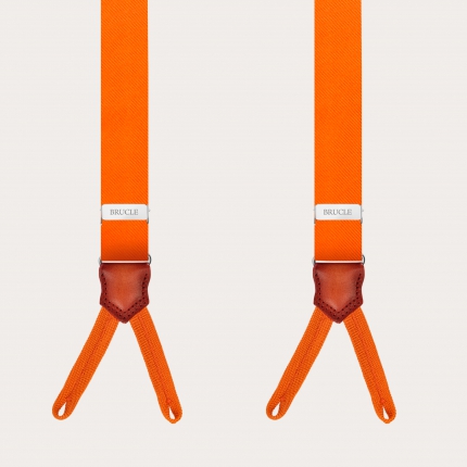 Narrow orange suspenders with buttonholes, in jacquard silk