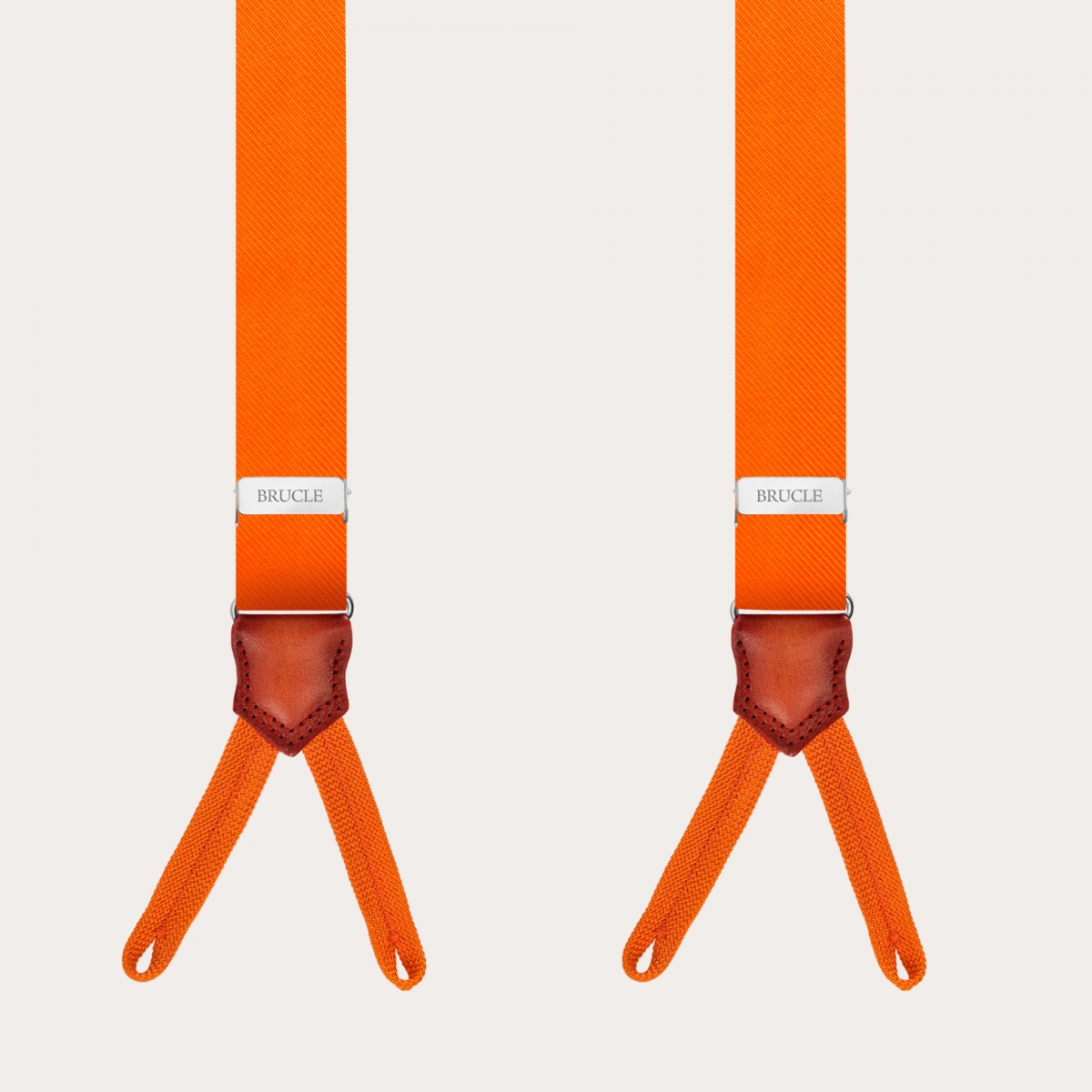 BRUCLE Narrow orange suspenders with buttonholes, in jacquard silk