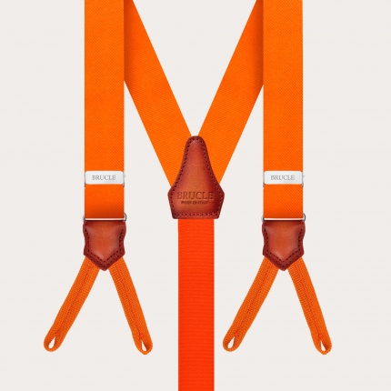 Narrow orange suspenders with buttonholes, in jacquard silk