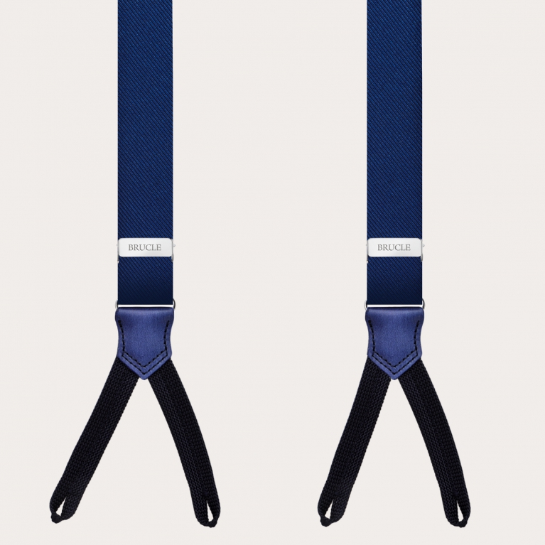 Bretelle strette blu in seta con asole per bottoni