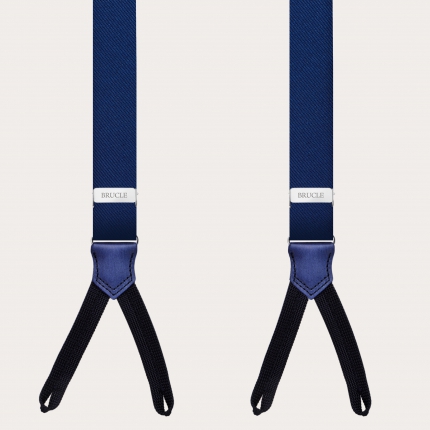 Classic narrow blue suspenders with button loops in jacquard silk