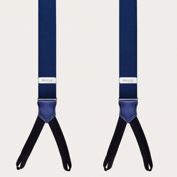 BRUCLE Bretelle strette blu in seta con asole per bottoni