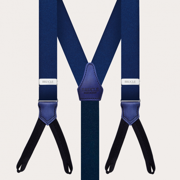 Klassische schmale blaue Hosenträger mit Knopflöchern aus Jacquard-Seide