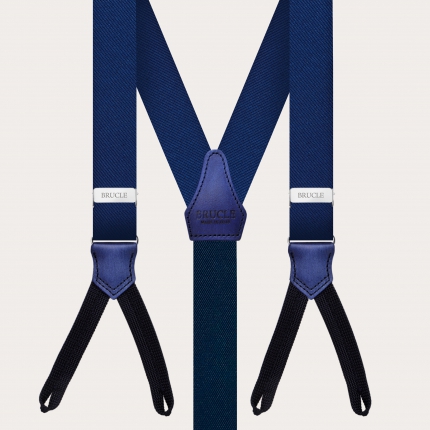 Classic narrow blue suspenders with button loops in jacquard silk