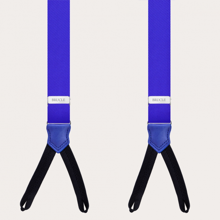 Narrow royal blue silk suspenders with button loops