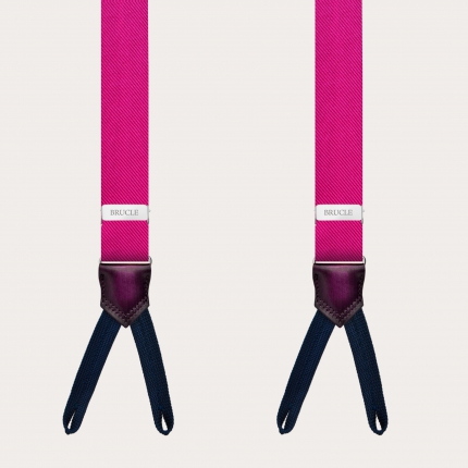 Narrow fuchsia suspenders with buttonholes, in jacquard silk