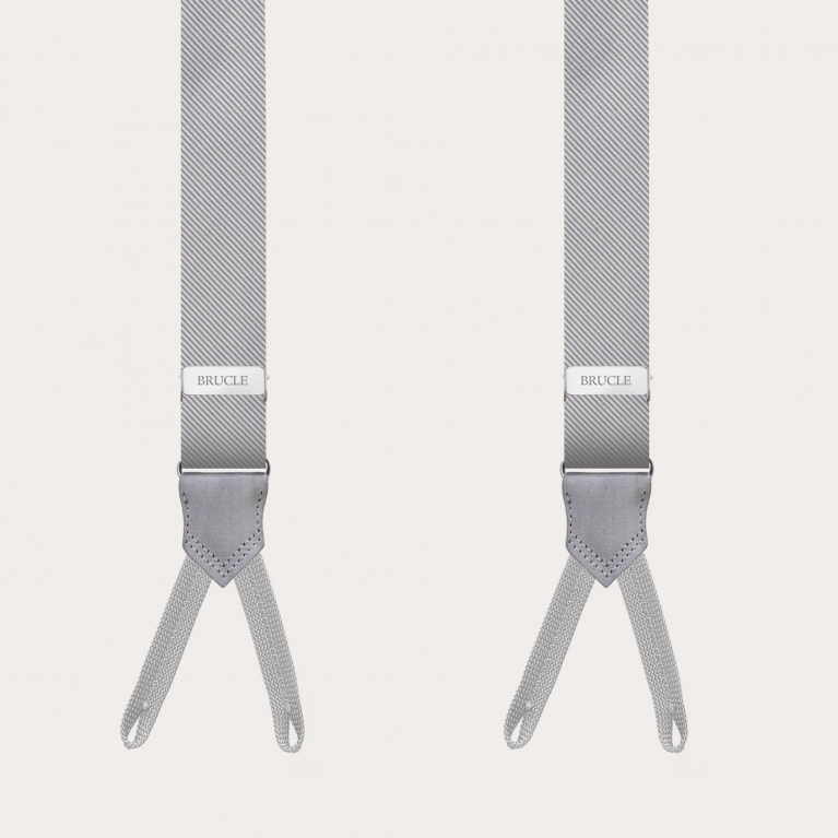 Narrow grey suspenders with buttonholes, in jacquard silk
