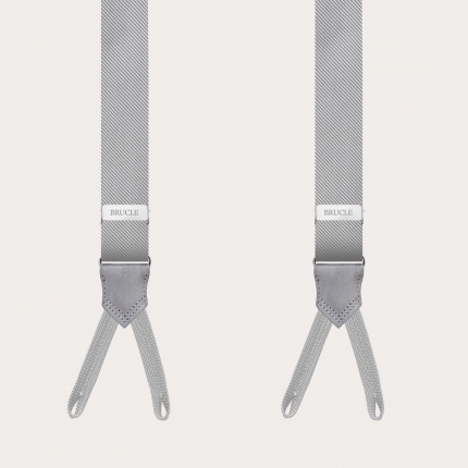Narrow grey suspenders with buttonholes, in jacquard silk