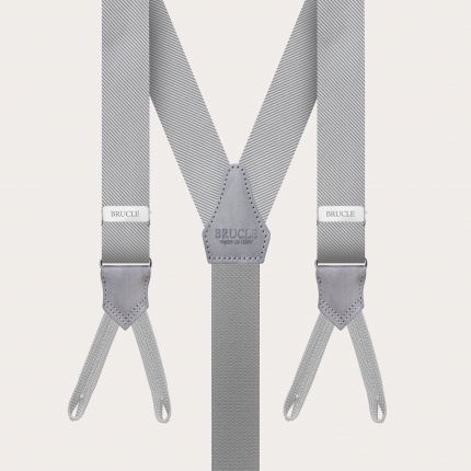 Narrow grey suspenders with buttonholes, in jacquard silk